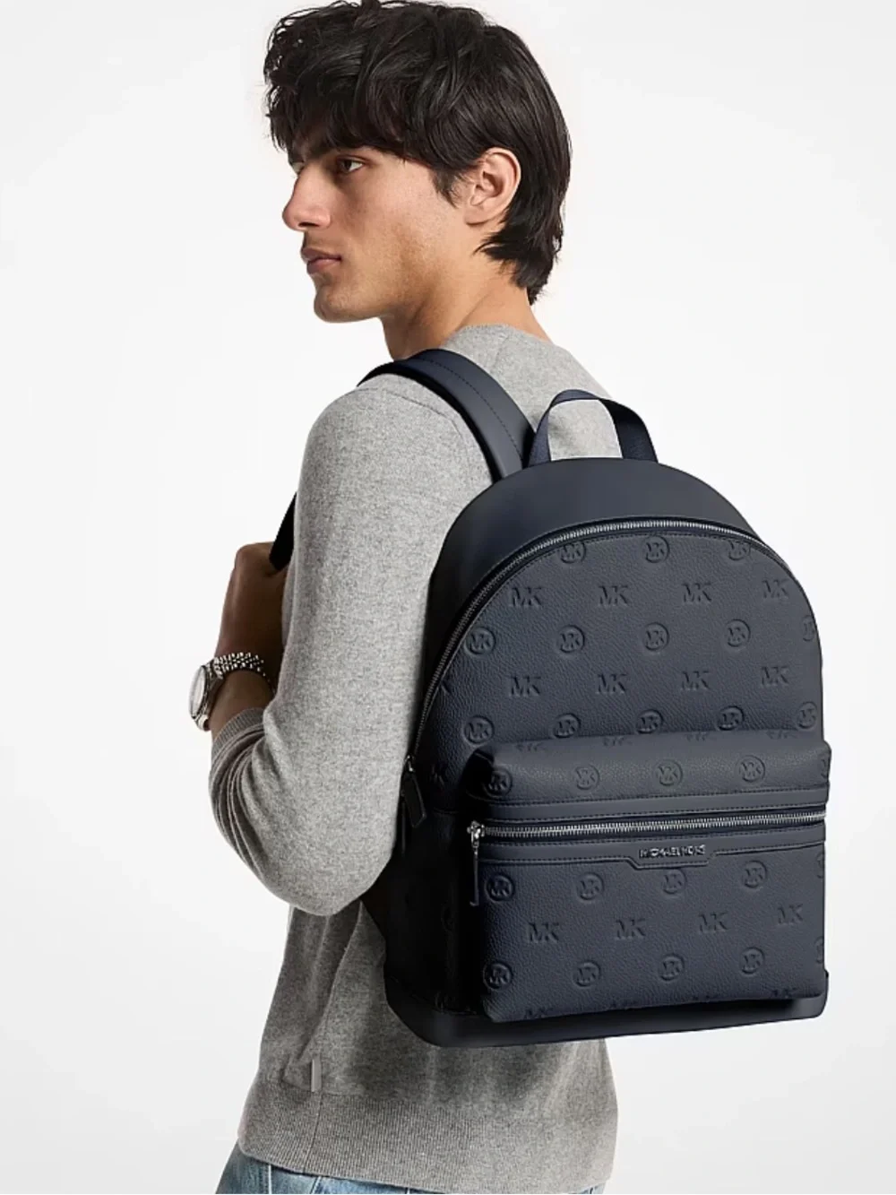Michael Kors Men's Navy Embossed Logo Leather Backpack